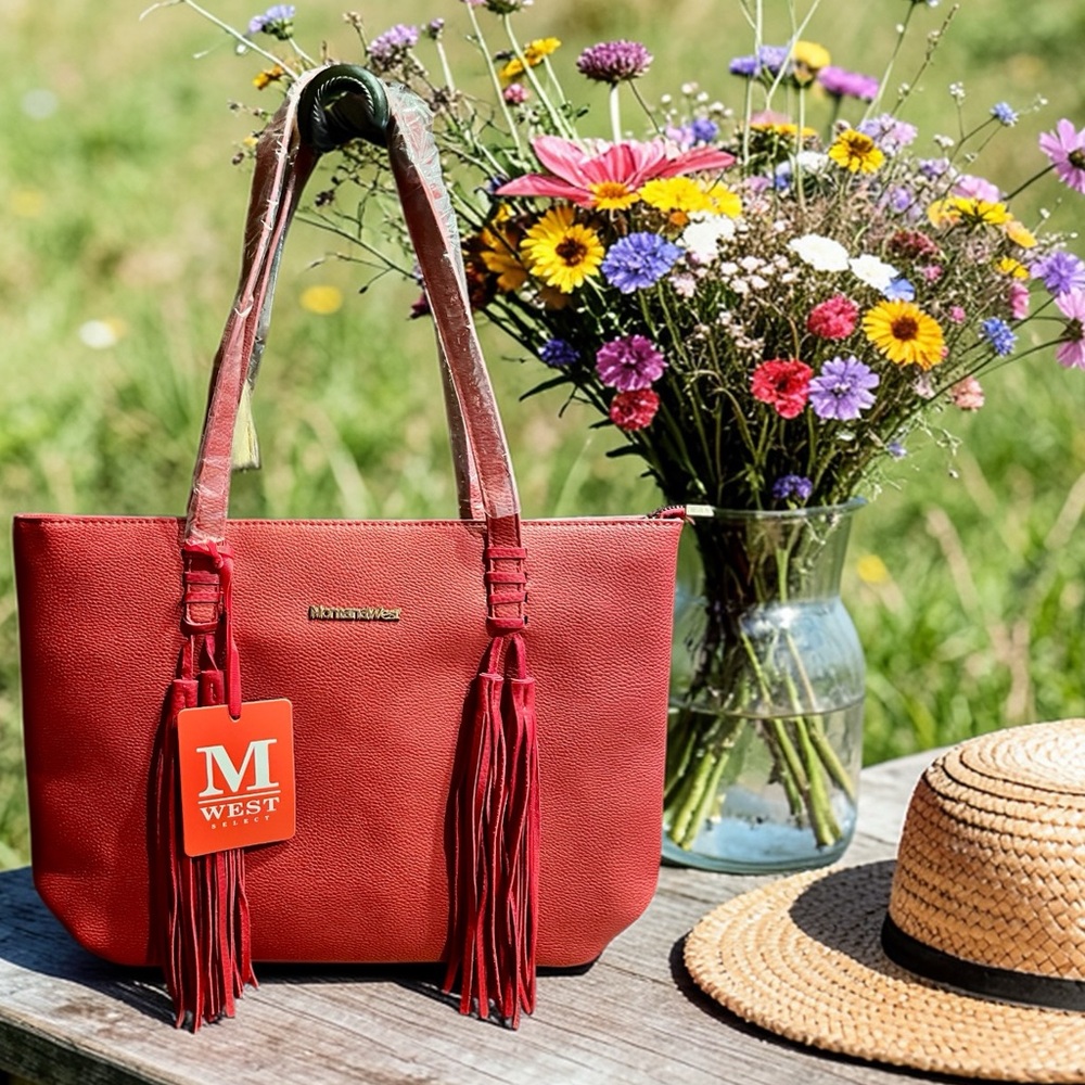 Montana West Red Tote Bag w/Front Tassels & Pebbled Faux Leather (NWT) - Picture 2 of 13